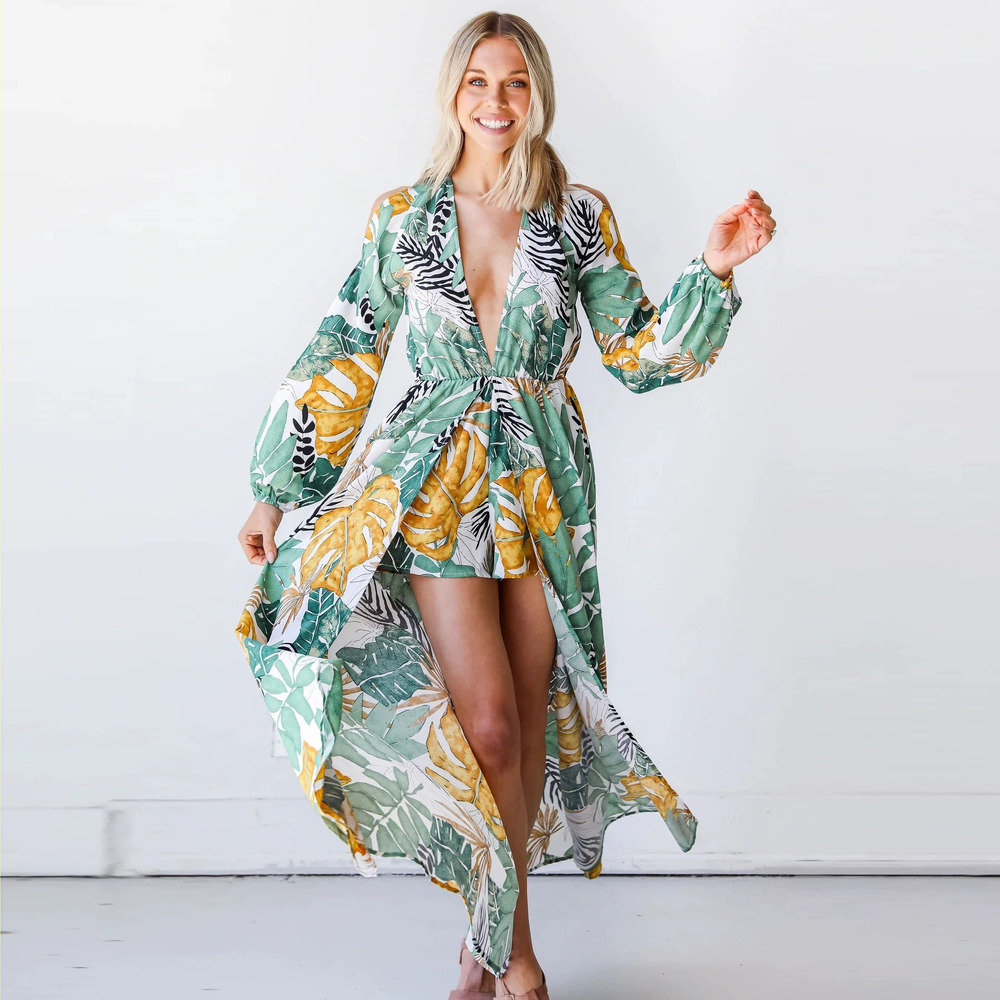 Forever 21 Long-Sleeve Neckline Boho Print Beach Maxi Dress
